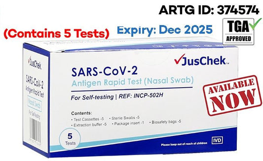 JusChek COVID-19 Rapid Antigen Test Kit - Nasal (Contains 5 Tests) ARTG ID: 374574 (Expiry: Dec 2025)